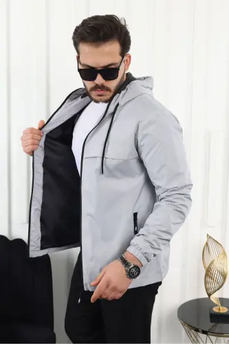 Men's Water Resistant Pocketed Hooded Gray Raincoat-A.GRAY - 6