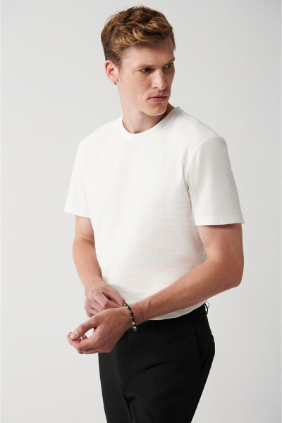 Men's White 100% Cotton Crew Neck Jacquard Panel Regular Fit T-shirt A31y1057 - 3