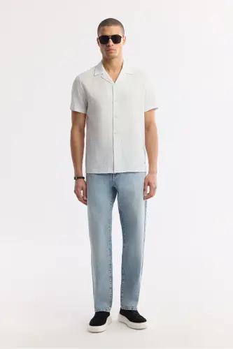 Men's White 100% Cotton Grandad Collar Patterned Short Sleeve - 6