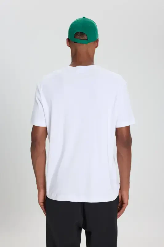 Men's White 100% Cotton Modern Fit Regular Cut Crew Neck T-Shirt-White - 5