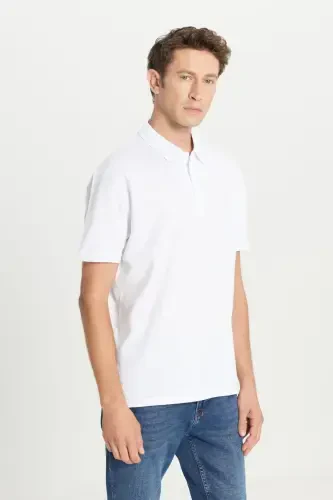 Men's White 100% Cotton Non-Iron Pique Polo Collar Slim Fit Narrow Cut T-Shirt - 5