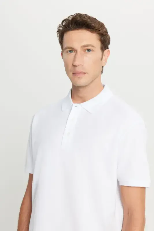Men's White 100% Cotton Non-Iron Pique Polo Collar Slim Fit Narrow Cut T-Shirt - 6