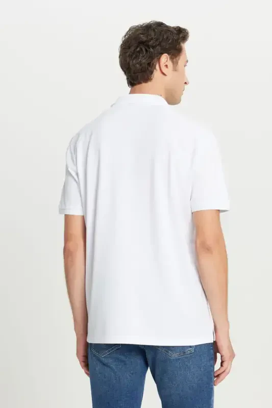 Men's White 100% Cotton Non-Iron Pique Polo Collar Slim Fit Narrow Cut T-Shirt - 7