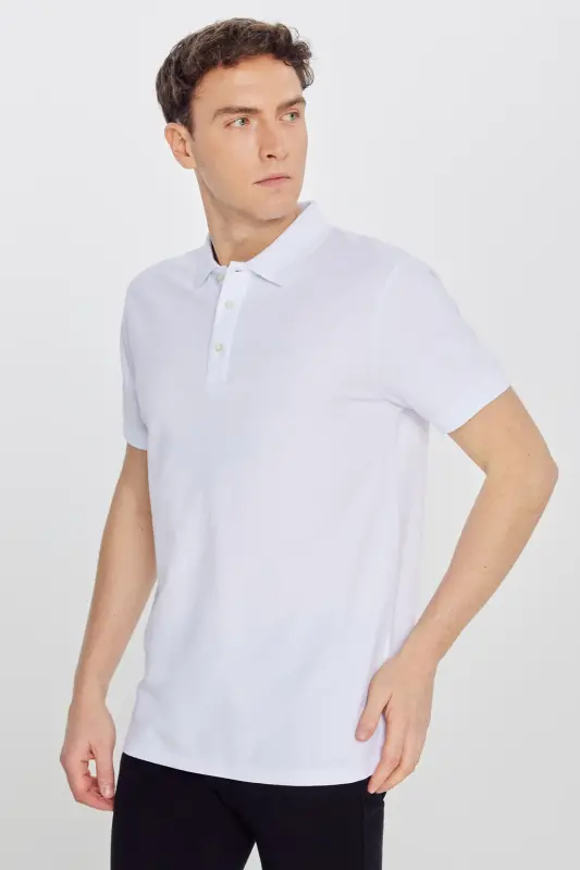 Men's White 100% Cotton Non-Iron Pique Polo Collar Slim Fit Narrow Cut T-Shirt - ALTINYILDIZ CLASSICS