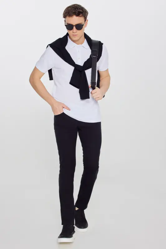 Men's White 100% Cotton Non-Iron Pique Polo Collar Slim Fit Narrow Cut T-Shirt - 3