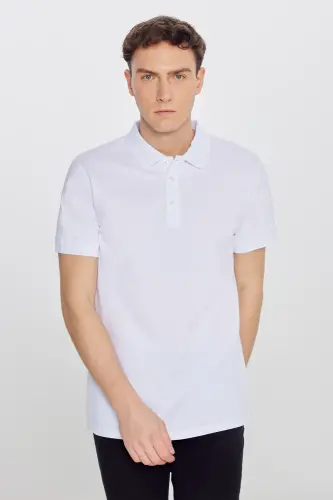 Men's White 100% Cotton Non-Iron Pique Polo Collar Slim Fit Narrow Cut T-Shirt - 5