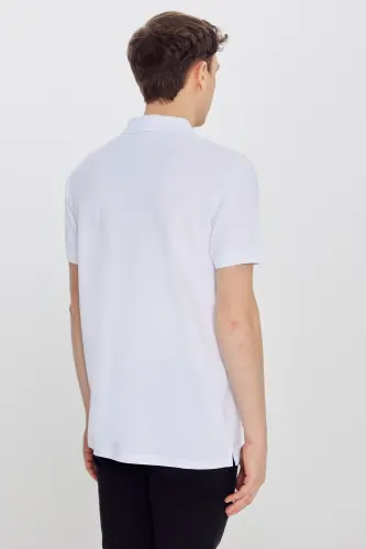 Men's White 100% Cotton Non-Iron Pique Polo Collar Slim Fit Narrow Cut T-Shirt - 7