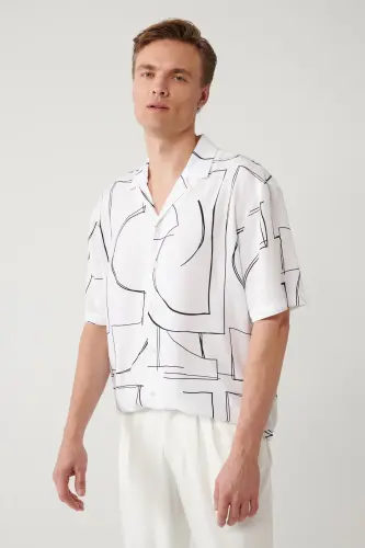 Men's White 100% Viscose Stand-up Collar Printed Viscose K - 4