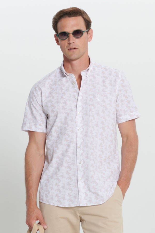Men's White-Beige 100% Cotton Printed Slim Fit Narrow Cut - 1
