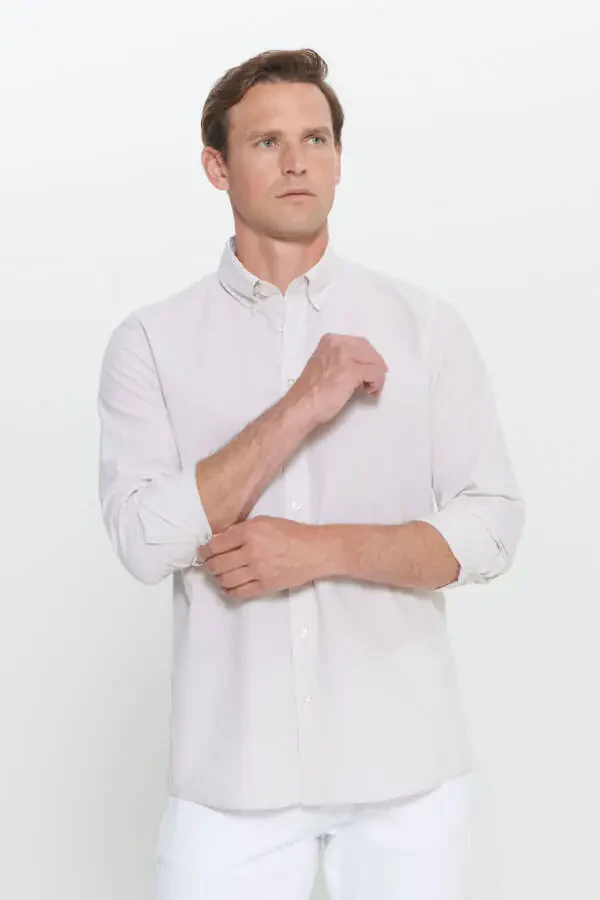 Men's White-Beige Slim Fit Narrow Cut Button-Down Collar %1 - 1