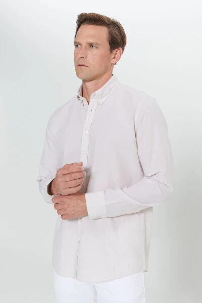 Men's White-Beige Slim Fit Narrow Cut Button-Down Collar %1 - 3