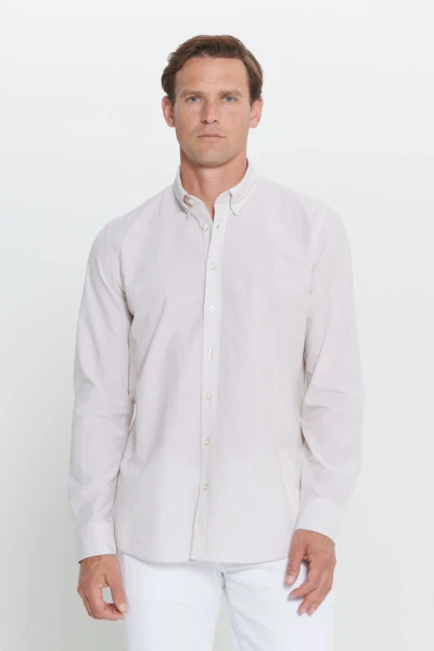 Men's White-Beige Slim Fit Narrow Cut Button-Down Collar %1 - 4