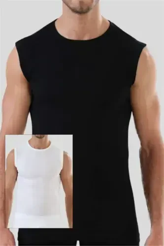 Men's White-Black T-Shirt Zero Sleeve Zero Collar Tank Top 2 Pack 100% Cotton - 1