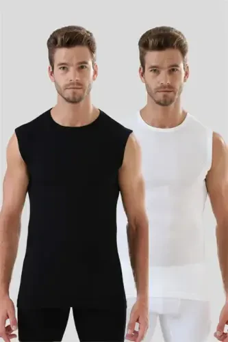 Men's White-Black T-Shirt Zero Sleeve Zero Collar Tank Top 2 Pack 100% Cotton - BÜYÜKBEDENIZ (1)