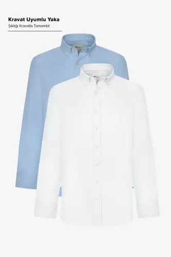 Men's WHITE-BLUE 2-Pack Cotton Oxford Easy Iron Slim Fit Shirt Set 
