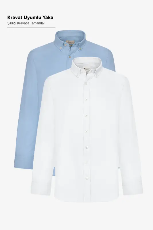 Men's WHITE-BLUE 2-Pack Cotton Oxford Easy Iron Slim Fit Shirt Set - 1