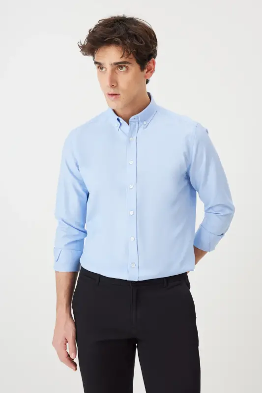 Men's WHITE-BLUE 2-Pack Cotton Oxford Easy Iron Slim Fit Shirt Set - 3