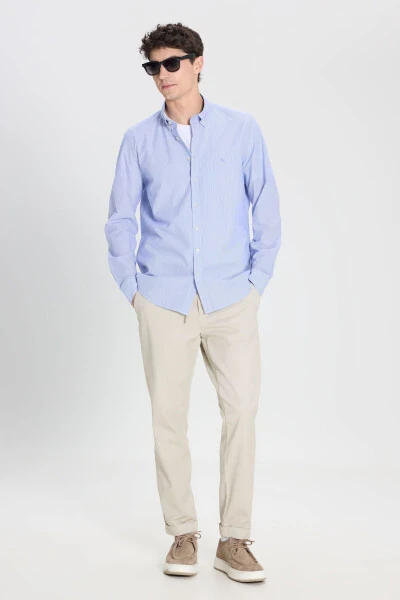 Men's White-Blue Slim Fit Narrow Cut Button-Down Collar 100% Cotton Striped Shirt - 2