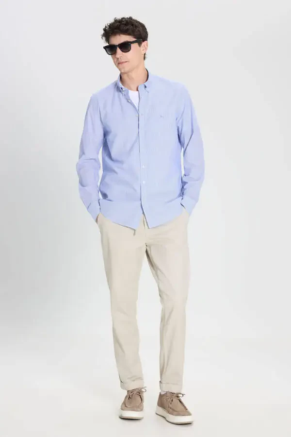 Men's White-Blue Slim Fit Narrow Cut Button-Down Collar 100% Cotton Striped Shirt - 2