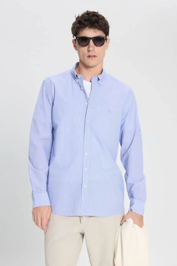 Men's White-Blue Slim Fit Narrow Cut Button-Down Collar 100% Cotton Striped Shirt - 3