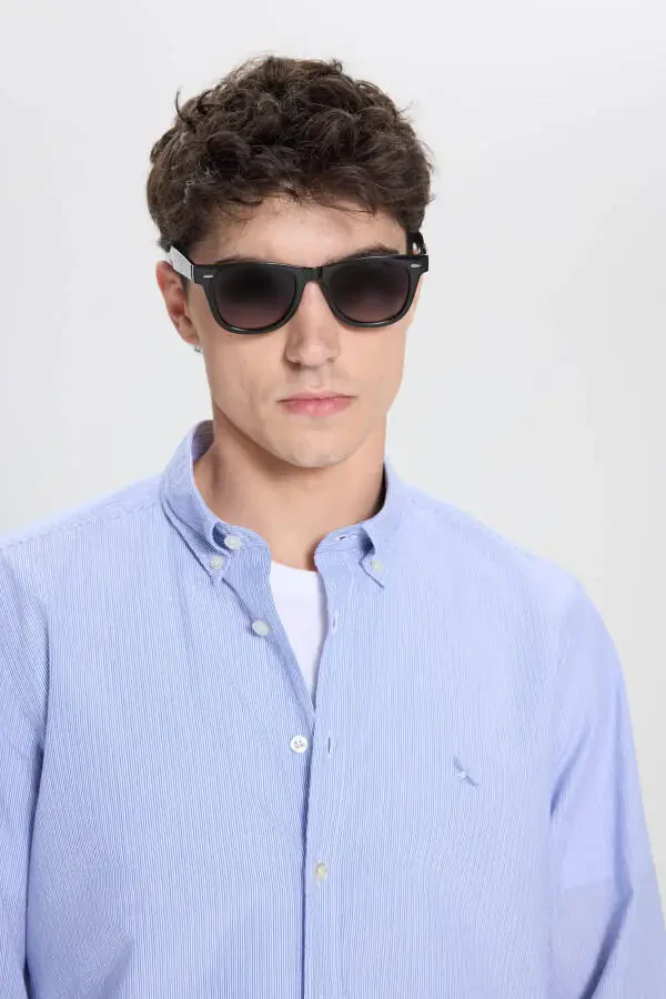 Men's White-Blue Slim Fit Narrow Cut Button-Down Collar 100% Cotton Striped Shirt - 4