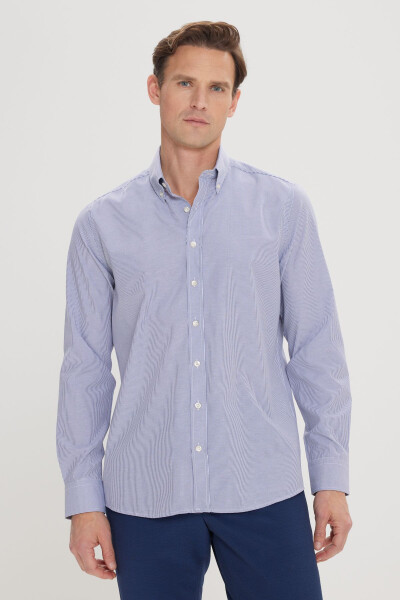 Men's White-Blue Slim Fit Narrow Cut Button-Down Collar Shirt - ALTINYILDIZ CLASSICS