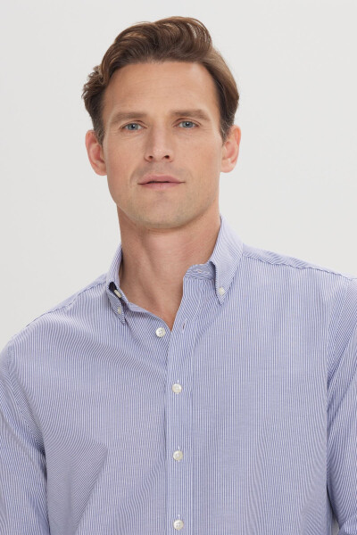 Men's White-Blue Slim Fit Narrow Cut Button-Down Collar Shirt - 4