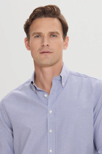 Men's White-Blue Slim Fit Narrow Cut Button-Down Collar Shirt - 4