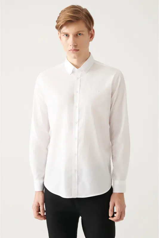 Men's White Button-Down Collar Basic 100% Cotton Slim Fit Shirt B002030 - AVVA