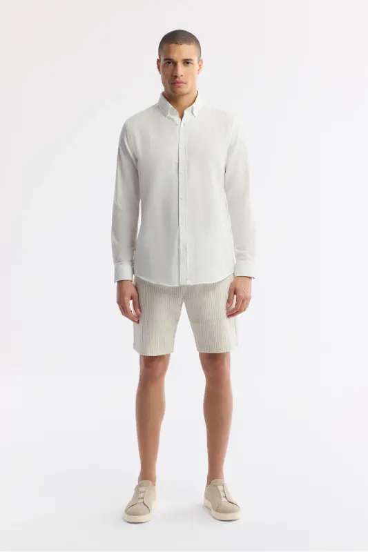 Men's White Button-Down Collar Cotton Textured Regular Fit - 7