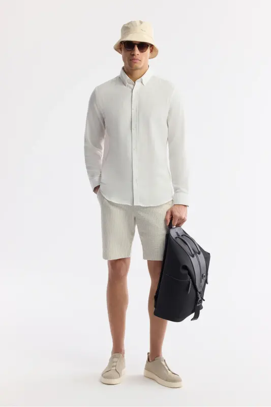 Men's White Button-Down Collar Cotton Textured Regular Fit - 8