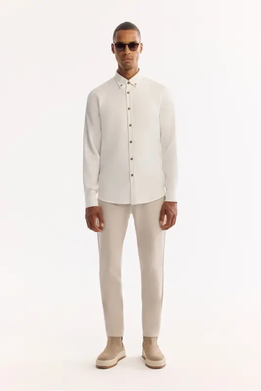 Men's White Button-Down Collar Diagonal Cotton Shirt B - 6