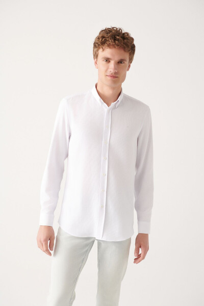 Men's White Button-Down Collar Textured Cotton Slim Fit Skinny Shirt E002050 - 11