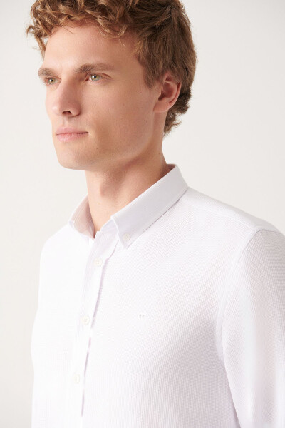 Men's White Button-Down Collar Textured Cotton Slim Fit Skinny Shirt E002050 - 12