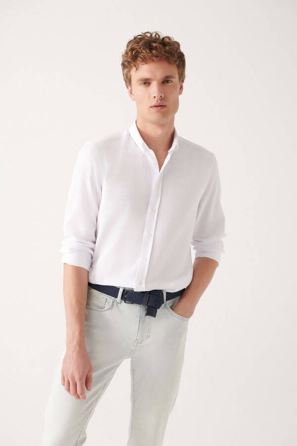 Men's White Button-Down Collar Textured Cotton Slim Fit Skinny Shirt E002050 - 13