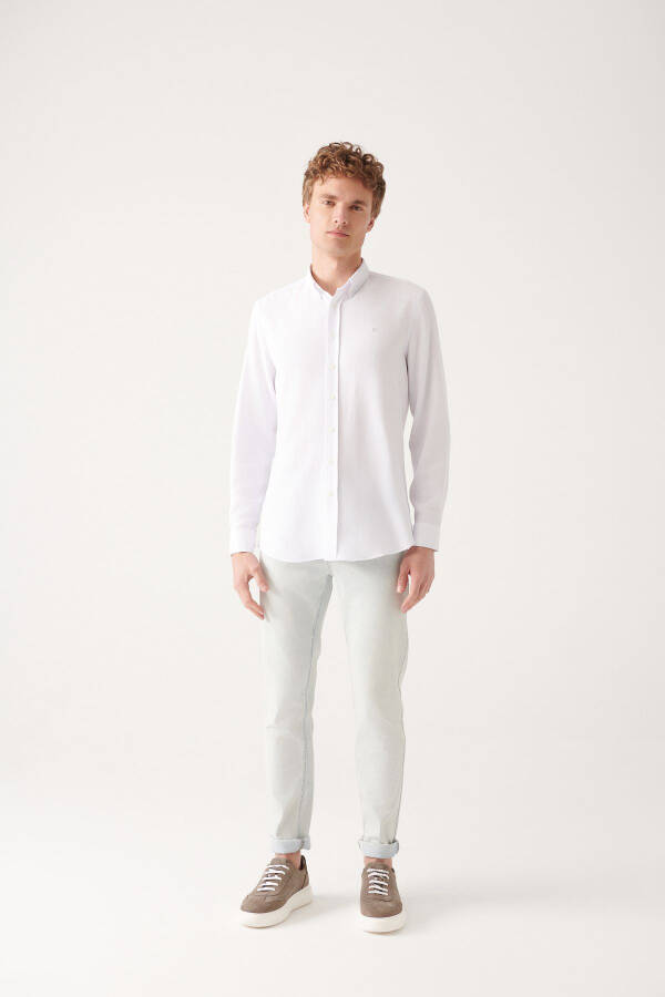 Men's White Button-Down Collar Textured Cotton Slim Fit Skinny Shirt E002050 - 15