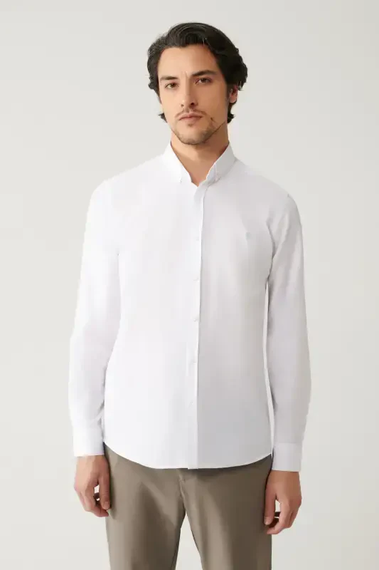 Men's White Button-Down Easy-Iron Oxford Cotton Regular Fit Shirt E002000 - AVVA
