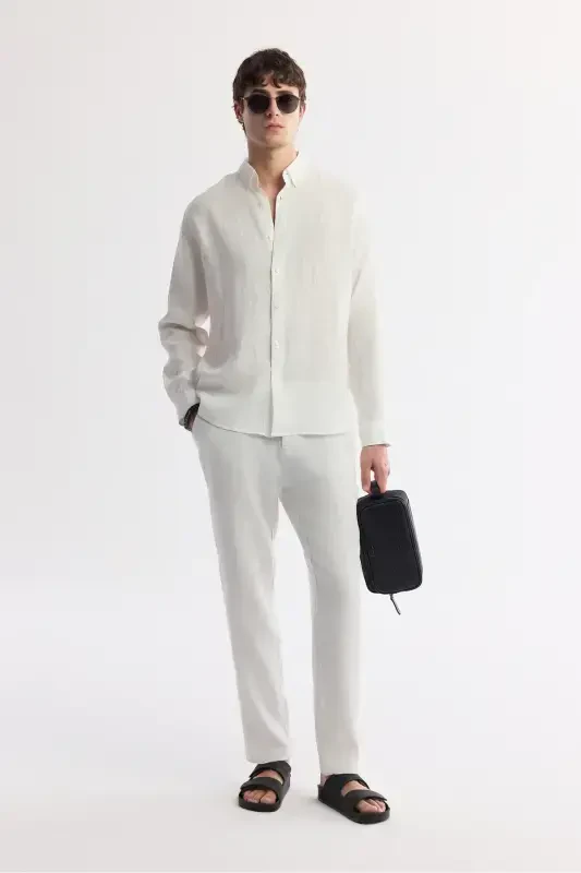 Men's White Comfort Fit 100% Linen Button-Down Collar Shirt B002191-White - 7