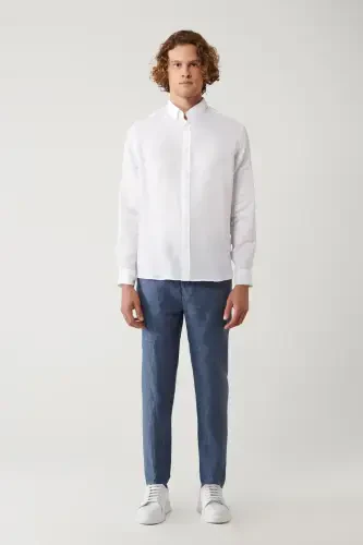 Men's White Comfort Fit 100% Linen Button-Down Collar Shirt B002191-White - 8