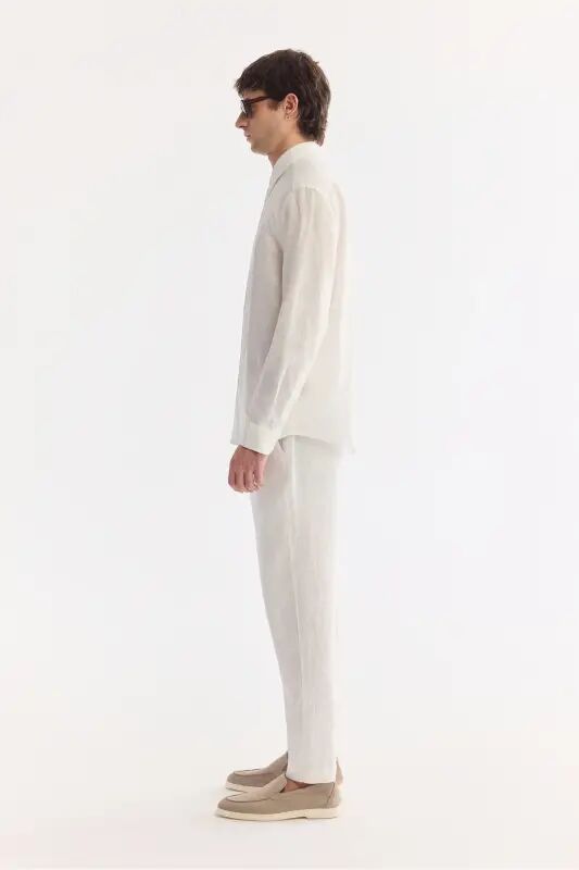 Men's White Comfort Fit 100% Linen Button-Down Collar Shirt B002191-White - 3