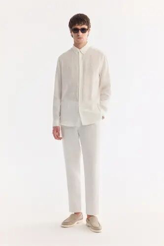 Men's White Comfort Fit 100% Linen Button-Down Collar Shirt B002191-White - 5