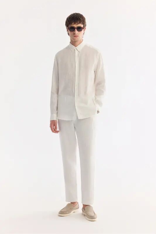 Men's White Comfort Fit 100% Linen Button-Down Collar Shirt B002191-White - 5