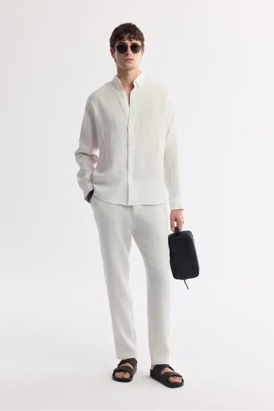 Men's White Comfort Fit 100% Linen Button-Down Collar Shirt B002191-White - 7