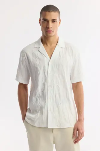 Men's White Comfort Fit Cuban Collar Jacquard Short Sleeve - 6