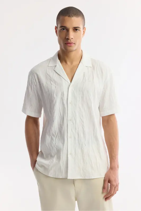 Men's White Comfort Fit Cuban Collar Jacquard Short Sleeve - 6
