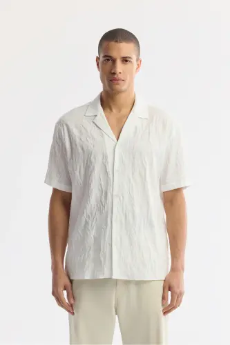 Men's White Comfort Fit Cuban Collar Jacquard Short Sleeve 
