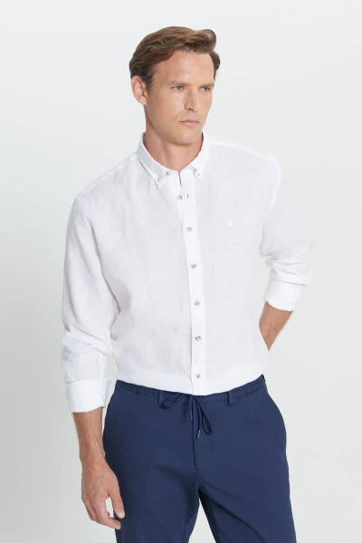 Men's White Comfort Fit Relaxed Fit 100% Linen Button-Down Collar Shirt - ALTINYILDIZ CLASSICS (1)