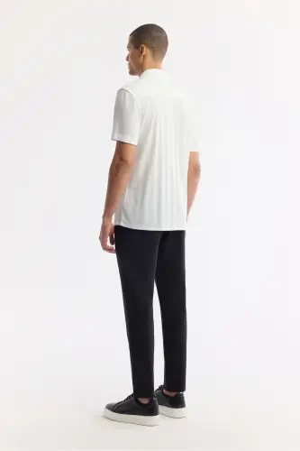 Men's White Comfort Fit Stand Collar Knitted Jacquard Shirt - 4