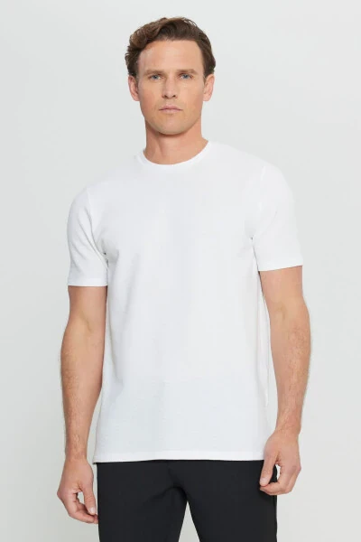 Men's White Cotton Slim Fit Crew Neck Stretch T-Shirt - 3