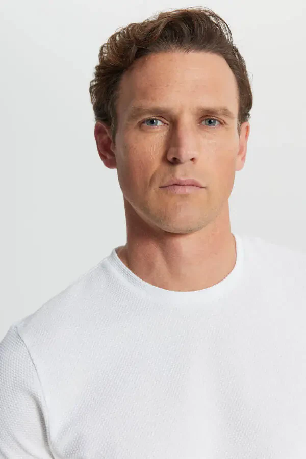 Men's White Cotton Slim Fit Crew Neck Stretch T-Shirt - 4